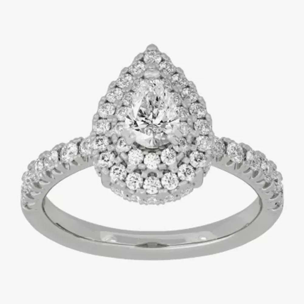 (H-I / Si1-Si2) Womens 1 1/4 CT. T.W. Lab Grown White Diamond 10K Gold Pear Side Stone Halo Engagement Ring