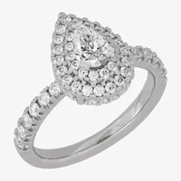 (H-I / Si1-Si2) Womens 1 1/4 CT. T.W. Lab Grown White Diamond 10K Gold Pear Side Stone Halo Engagement Ring