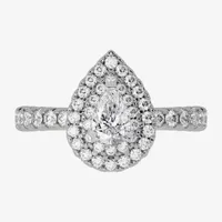 (H-I / Si1-Si2) Womens 1 1/4 CT. T.W. Lab Grown White Diamond 10K Gold Pear Side Stone Halo Engagement Ring