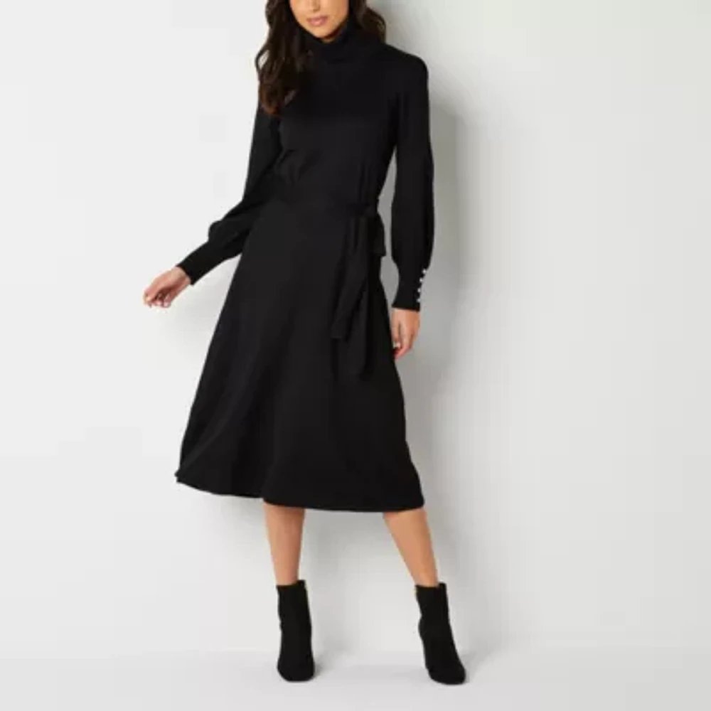 Maia Womens Long Sleeve Belted Midi Sweater Dress