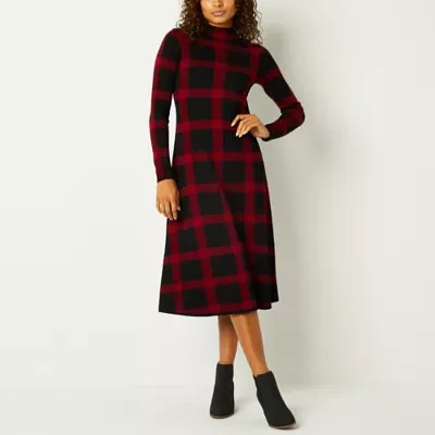 Danny & Nicole Womens Long Sleeve Windowpane Midi Sweater Dress