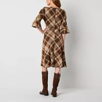 R & K Originals Womens 3/4 Sleeve Plaid Fit + Flare Dress