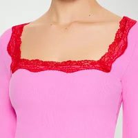 Forever 21 Lace Trim Womens Juniors Square Neck Long Sleeve T-Shirt