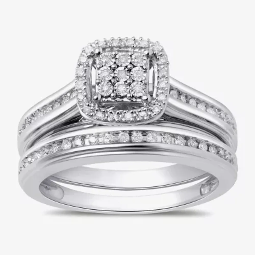 Surrounded by Love Womens 1/5 CT.T.W. Natural Diamond Sterling Silver or 14K Gold Over Cushion Side Stone Halo Bridal Set