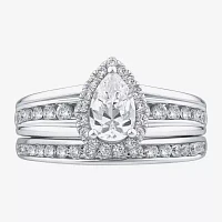 (G / Si1-Si2) Womens 1 1/2 CT. T.W. Lab Grown White Diamond 10K Gold Pear Side Stone Halo Bridal Set