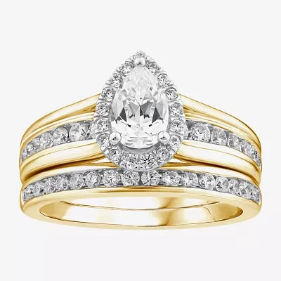 (G / Si1-Si2) Womens 1 1/2 CT. T.W. Lab Grown White Diamond 10K Gold Pear Side Stone Halo Bridal Set