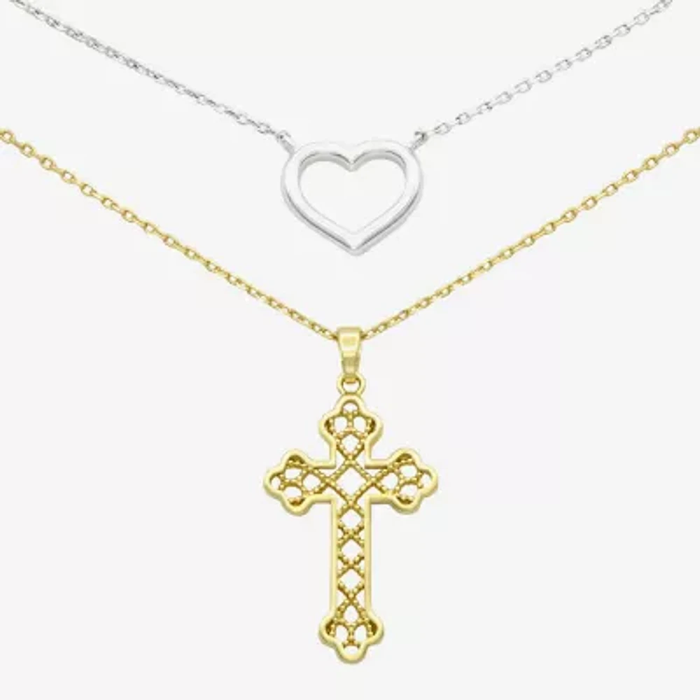 Filigree 2-pc. 14K Gold Over Brass Pure Silver Over Brass 16 Inch Link Cross Heart Necklace Set