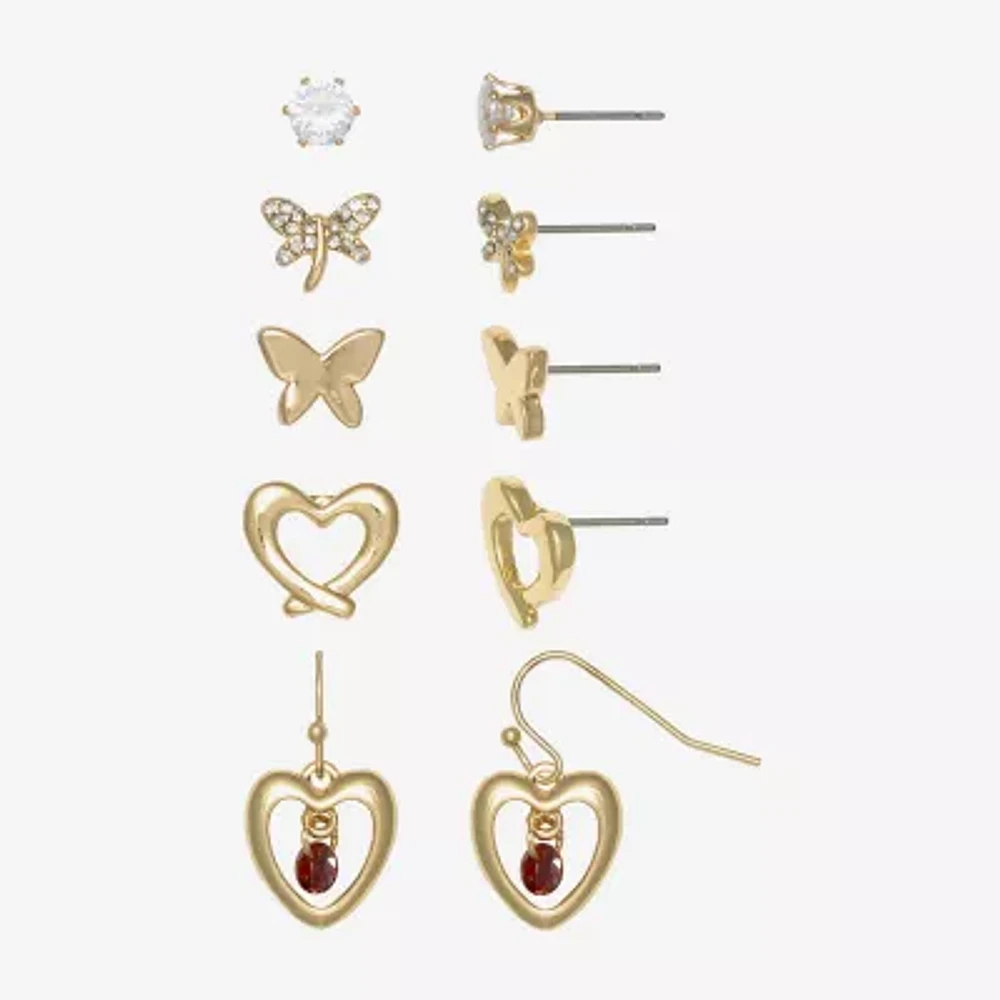 Mixit 5 Pair Cubic Zirconia Butterfly Heart Earring Set