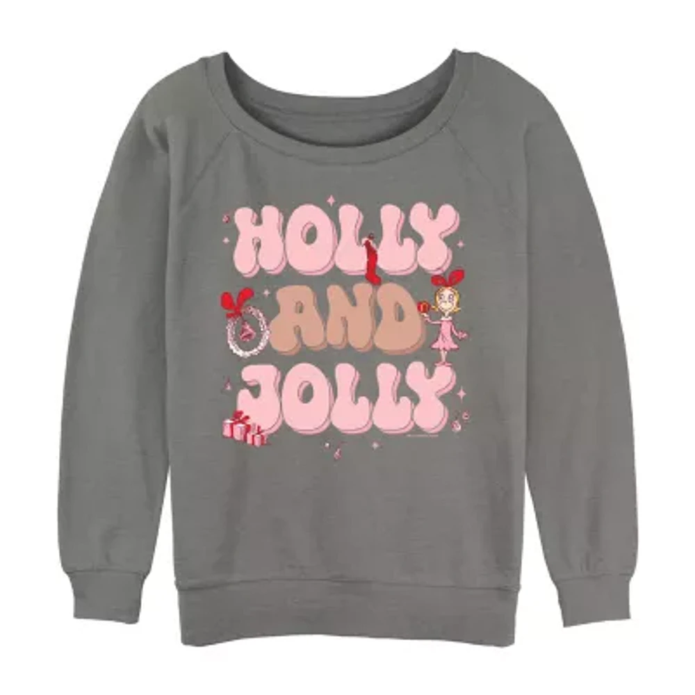 Juniors Dr. Seuss Cindy Lou Who Holly And Jolly Womens Crew Neck Long Sleeve Grinch Sweatshirt