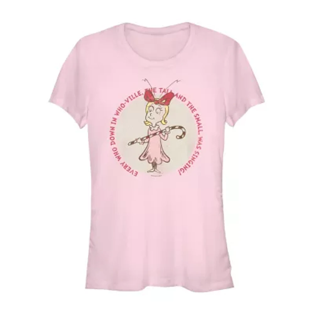 Juniors Dr. Seuss Cindy Lou Who Candy Cane Tee Womens Crew Neck Short Sleeve Grinch Graphic T-Shirt