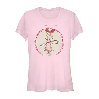 Juniors Dr. Seuss Cindy Lou Who Candy Cane Tee Womens Crew Neck Short Sleeve Grinch Graphic T-Shirt