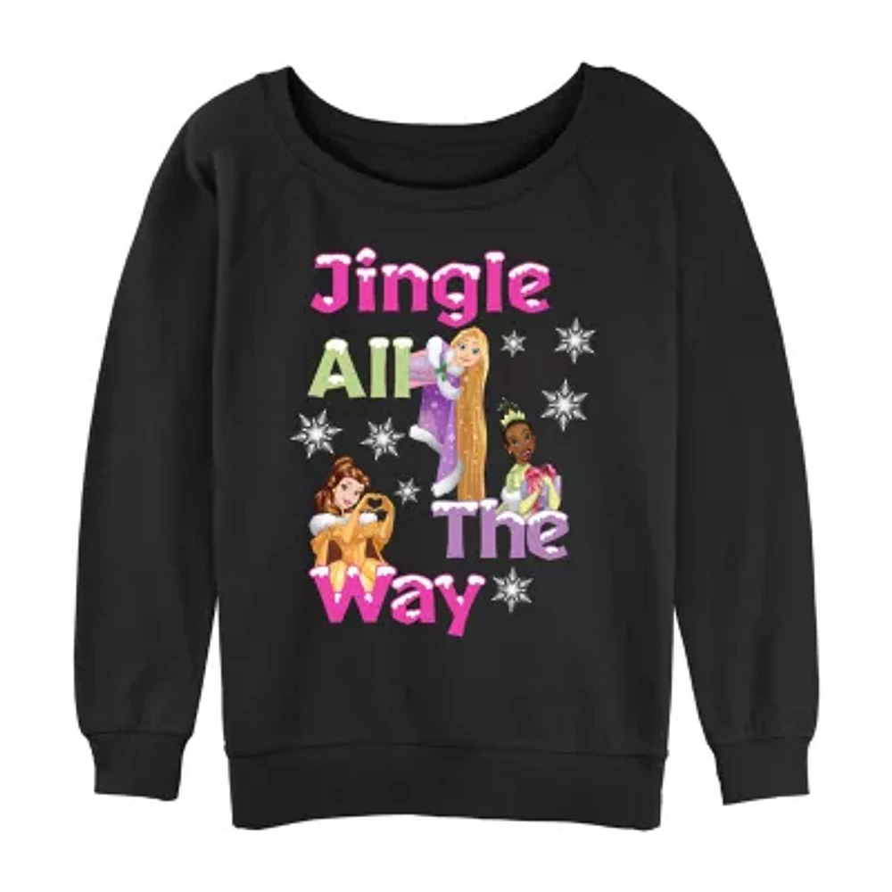 Juniors Disney Jingle All The Way Womens Crew Neck Long Sleeve Princess Graphic T-Shirt