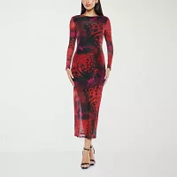 Premier Amour Womens Long Sleeve Animal Midi Sheath Dress