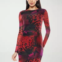 Premier Amour Womens Long Sleeve Animal Midi Sheath Dress