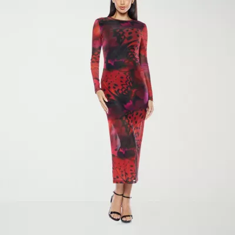 Premier Amour Womens Long Sleeve Animal Midi Sheath Dress