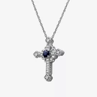 Womens Diamond Accent Genuine Blue Sapphire 10K White Gold Cross Pendant Necklace