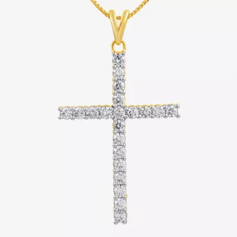 Womens 1 CT. T.W. Lab Grown White Diamond 10K Gold Cross Pendant Necklace