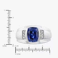 Mens Sterling Silver Lab Created Cushion Cut Blue Sapphire Ring