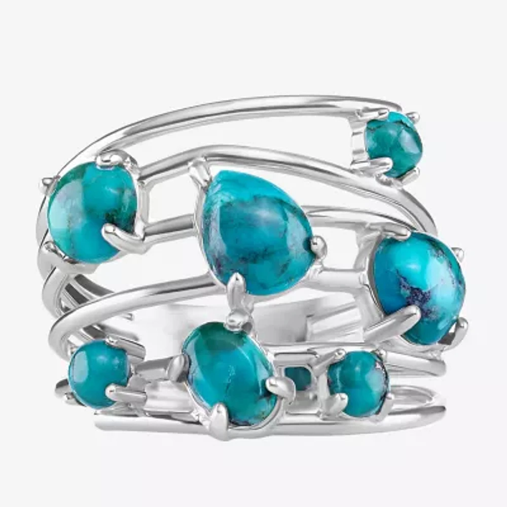 Womens Enhanced Blue Turquoise Sterling Silver Round Cocktail Ring