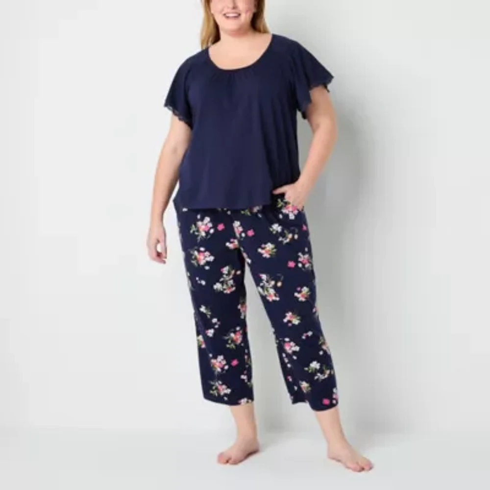 Liz Claiborne Womens Plus Round Neck Short Sleeve 2-pc. Pant Pajama Set