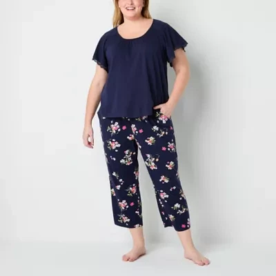 Liz Claiborne Womens Plus Round Neck Short Sleeve 2-pc. Pant Pajama Set