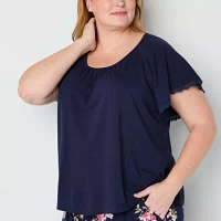 Liz Claiborne Womens Plus Round Neck Short Sleeve 2-pc. Pant Pajama Set