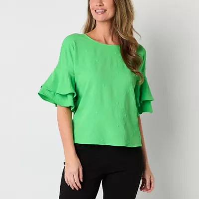 Liz Claiborne Womens Round Neck Elbow Sleeve Blouse