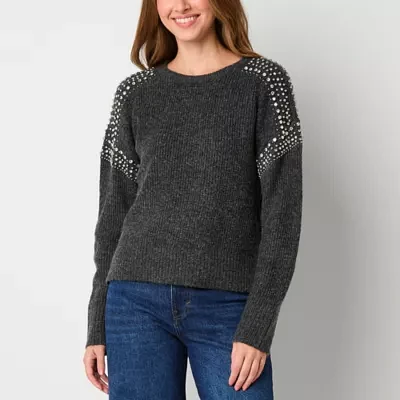 a.n.a Womens Crew Neck Embellished Long Sleeve Pullover Sweater