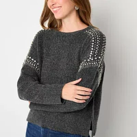 a.n.a Womens Crew Neck Embellished Long Sleeve Pullover Sweater