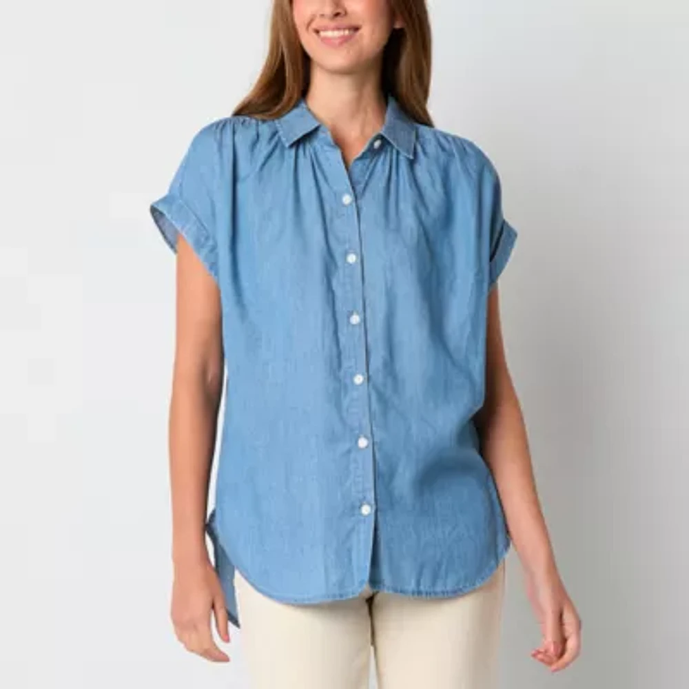 a.n.a Pleated Womens Short Sleeve Button Down Blouse