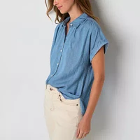 a.n.a Pleated Womens Short Sleeve Button Down Blouse