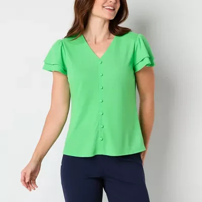 Liz Claiborne Womens V Neck Short Sleeve Blouse