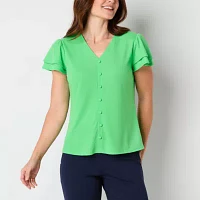Liz Claiborne Womens V Neck Short Sleeve Blouse