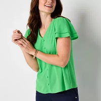 Liz Claiborne Womens V Neck Short Sleeve Blouse