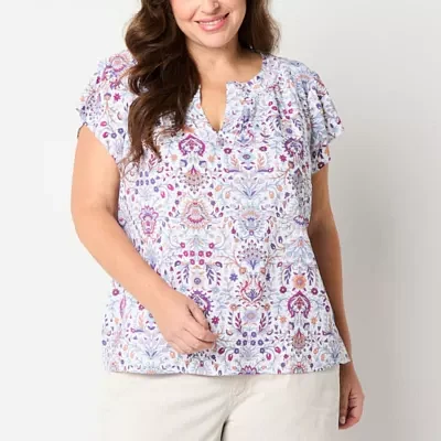 St. John's Bay Plus Womens Split Crew Neck Short Sleeve Blouse