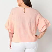 Liz Claiborne Plus Womens Round Neck Short Sleeve Blouse