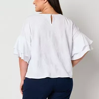 Liz Claiborne Plus Womens Round Neck Short Sleeve Blouse