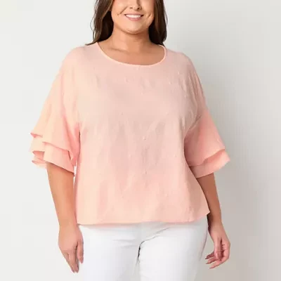 Liz Claiborne Plus Womens Round Neck Short Sleeve Blouse