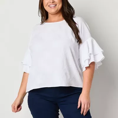 Liz Claiborne Plus Womens Round Neck Short Sleeve Blouse