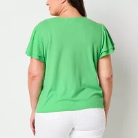 Liz Claiborne Plus Womens V Neck Short Sleeve Blouse