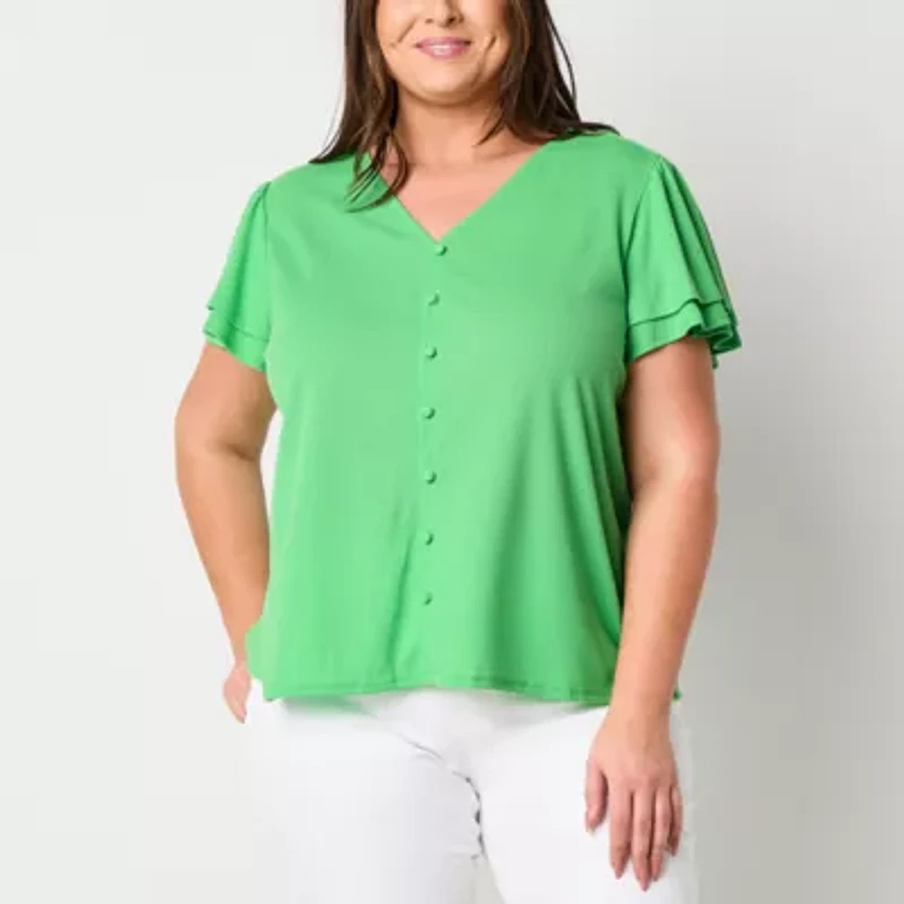 Liz Claiborne Plus Womens V Neck Short Sleeve Blouse