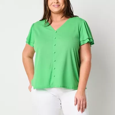 Liz Claiborne Plus Womens V Neck Short Sleeve Blouse