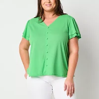 Liz Claiborne Plus Womens V Neck Short Sleeve Blouse