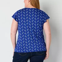 Liz Claiborne Plus Womens Round Neck Short Sleeve Blouse