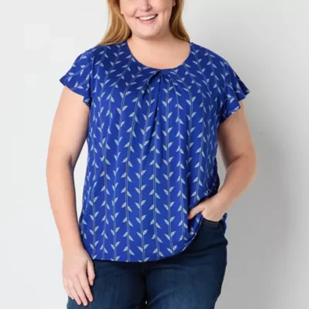 Liz Claiborne Plus Womens Round Neck Short Sleeve Blouse