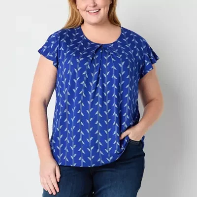 Liz Claiborne Plus Womens Round Neck Short Sleeve Blouse