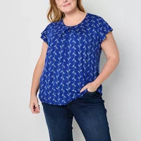 Liz Claiborne Plus Womens Round Neck Short Sleeve Blouse