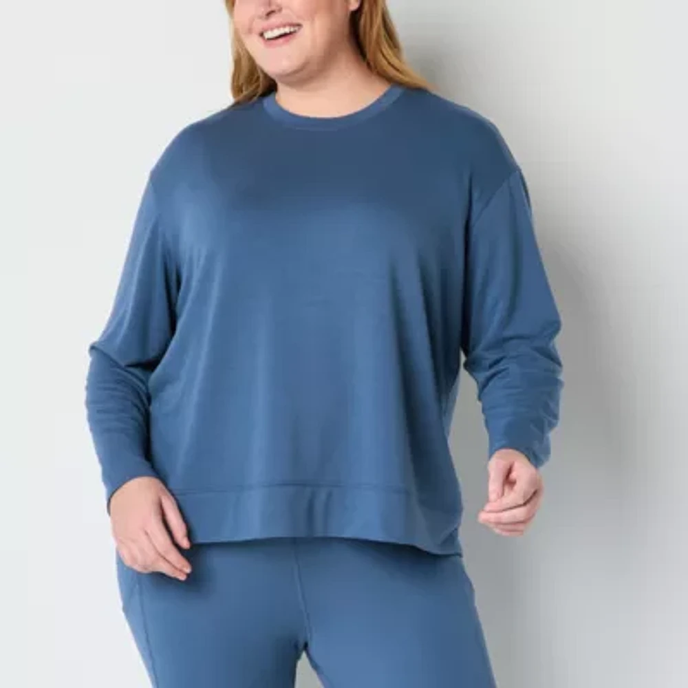Xersion Womens Soft French Terry Crew Neck Long Sleeve Sweatshirt Plus