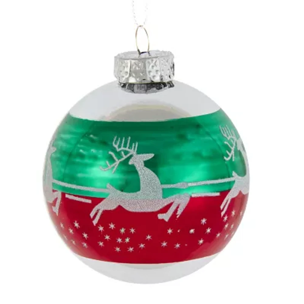 Kurt Adler 80MM Red and Green Reindeer Glass Ball Ornaments 6 Piece Set