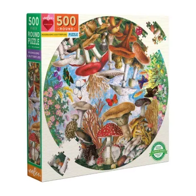 Eeboo Piece And Love Mushrooms And Butterflies 500 Piece Round Circle Jigsaw Puzzle Puzzle